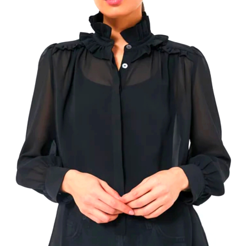 South Boutique Sheer Black Blouse Smocked Hem & Wrists. Built In Cami